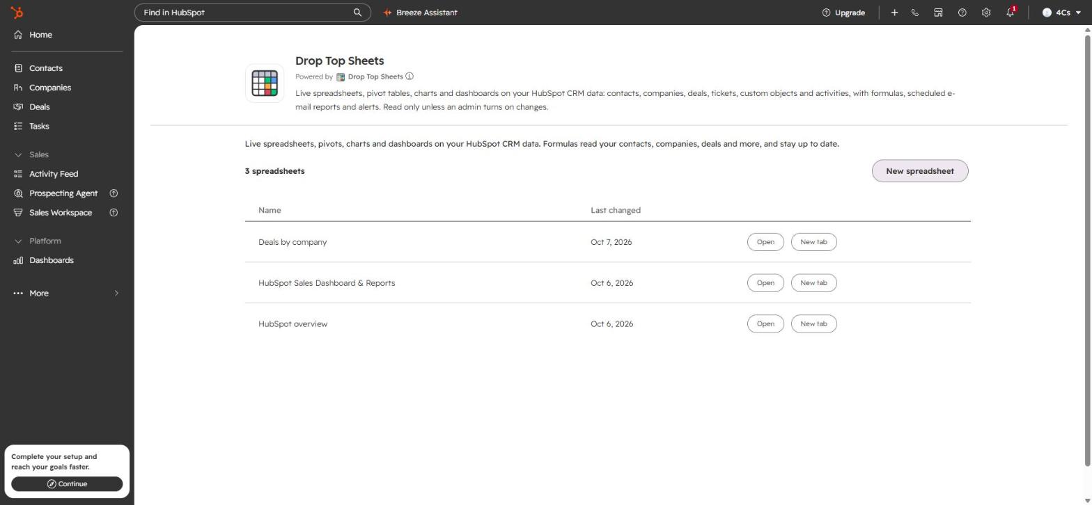 The app's page in HubSpot listing your spreadsheets